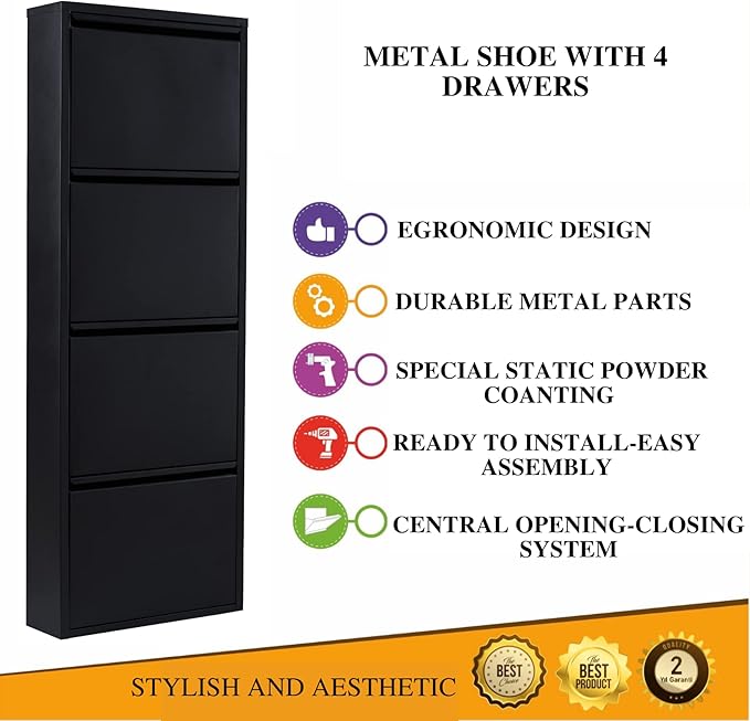 Flip Drawer Shoe Cabinet, Storage Organizer, Freestanding Shoe Rack, Wall Mounted No-Assembly (Gray, 4 Drawer)
