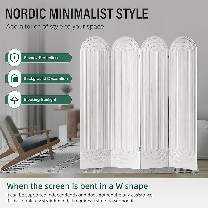 Room Divider and Folding Privacy Screen 4 Panel Wood Arched Room Divider Wall, Separators Divider for Room Separation, Folding Portable Partition Screen for Home Office Bedroom (White)