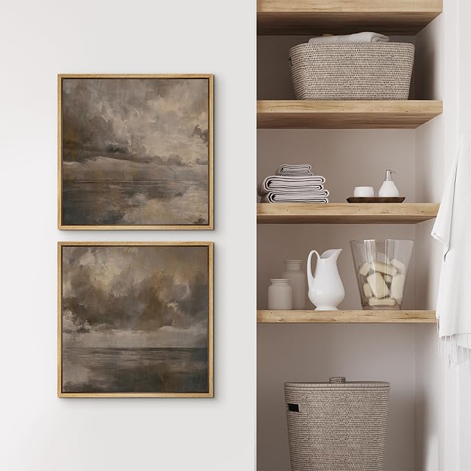 SIGNFORD Framed Canvas Print Wall Art Set Abstract Seascape Horizon Neutral Coastal Landscape Modern Art Relax/Calm for Living Room, Bedroom, Office - 16"x16"x2 NATURAL