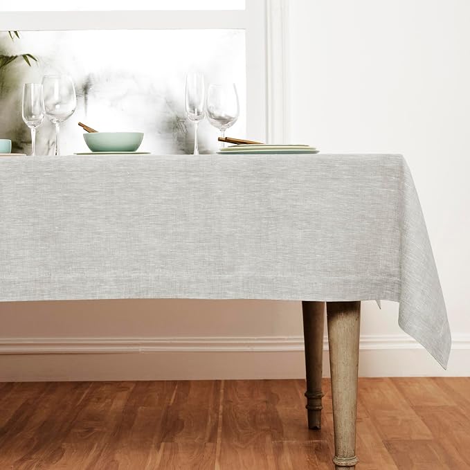 Solino Home Linen Tablecloth 60 x 90 Inch - 100% Pure Linen Oyster Grey Table Cloth for Rectangle Tables - Athena, Machine Washable Tablecloth for Summer