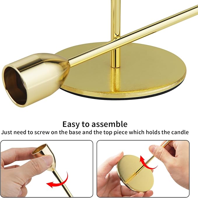Ohtomber Metal Gold Candle Holder - 3PCS Candlestick Holders, Candlesticks Centerpiece Wedding Table Decor, Fit Pillar 3/4" Thick Tapered & Led Candles