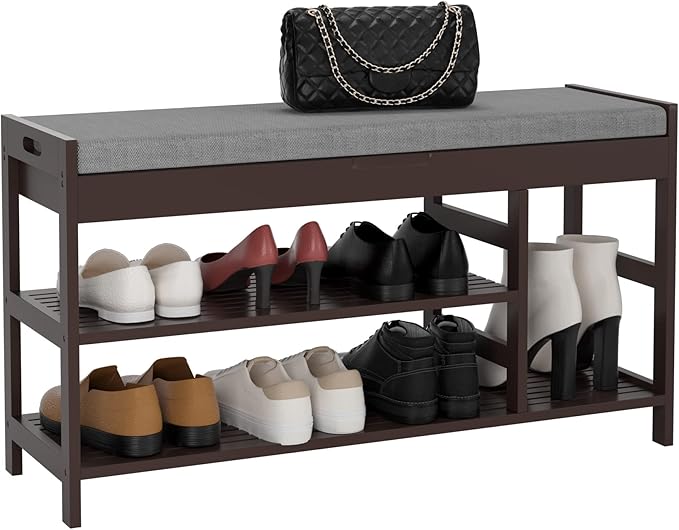 HIFIT 2-Tier Entryway Shoe Rack Bench with Storage, 36 in Bamboo Storage Bench with Padded Seat, Shoe Oiganizer Shelf for Entryway Mudroom Bathroom Foyer, Vintage