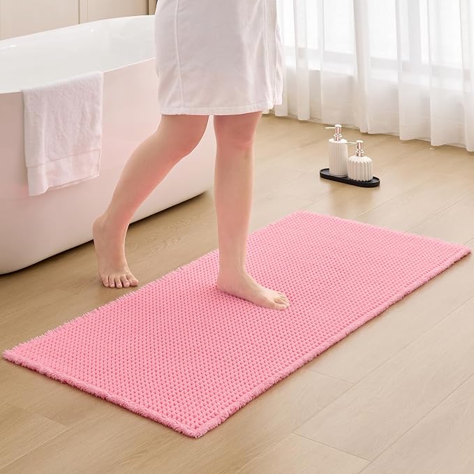 ILANGO Upgraded Waffle Bathroom Runner Rugs,Super Absorbent Boho Non Slip Bathroom Mats Quick Dry,Ultra Soft Machine Washable Mat with Tassels for Hallway,24x54,Pink