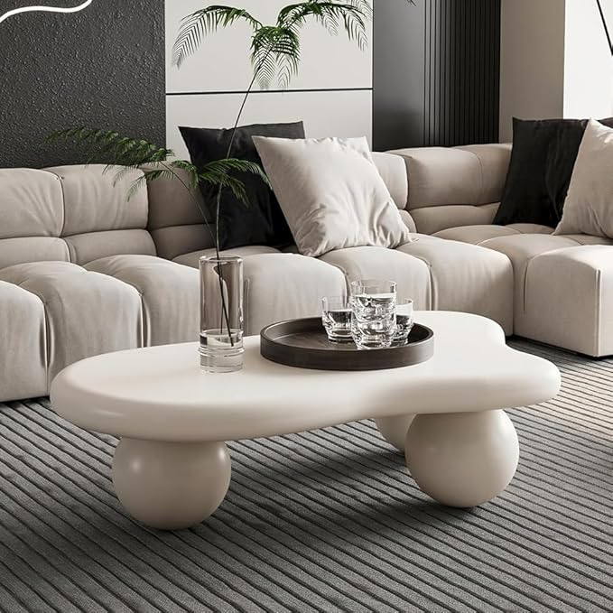 40" Irregular Cloud Coffee Table Asymmetrical Tea Table Low Coffee Table Unique Center Tables with 3 Ball Legs for Living Room Office Apartment Modern Furniture Cream White