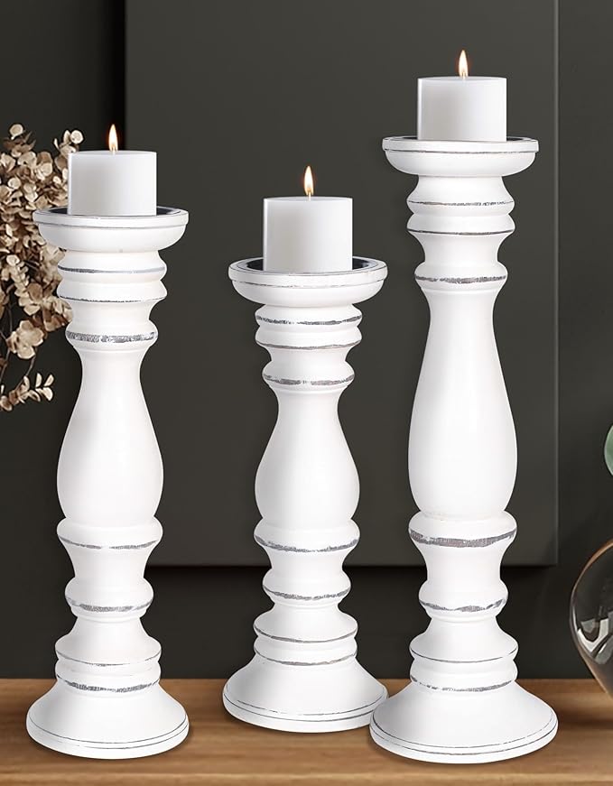 Hand-Carved Wooden Pillar Candle Holders Set of 3, Rustic Mango Wood with White Wash, Decorative Carved Design Table Centerpiece Décor - 16", 14", 12"