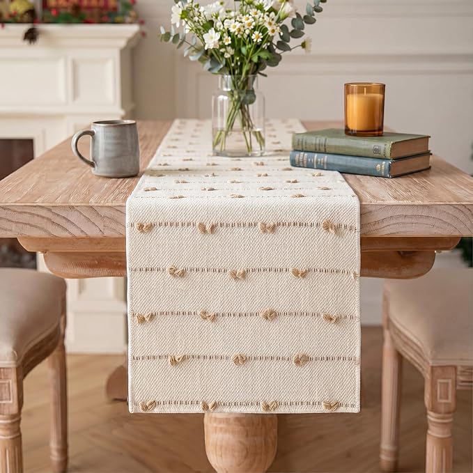 Artoid Mode Taupe Beige Boho Farmhouse Cotton Woven Table Runner, Seasonal Fall Kitchen Dining Table Decoration for Home Party Decor 12x90 Inch