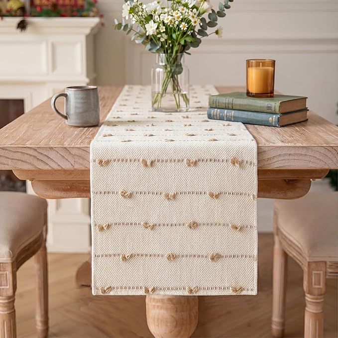 Artoid Mode Taupe Beige Boho Farmhouse Cotton Woven Table Runner, Seasonal Fall Kitchen Dining Table Decoration for Home Party Decor 12x120 Inch