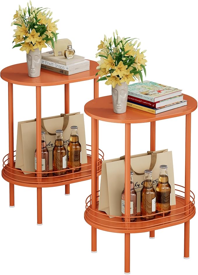 Small Modern Round Side Table Set of 2,2-Tier Side Tables Living Room,Sturdy Nightstand for Small Space - Living Room, Bedroom, Bathroom, Nursery,（2 PC,Orange）