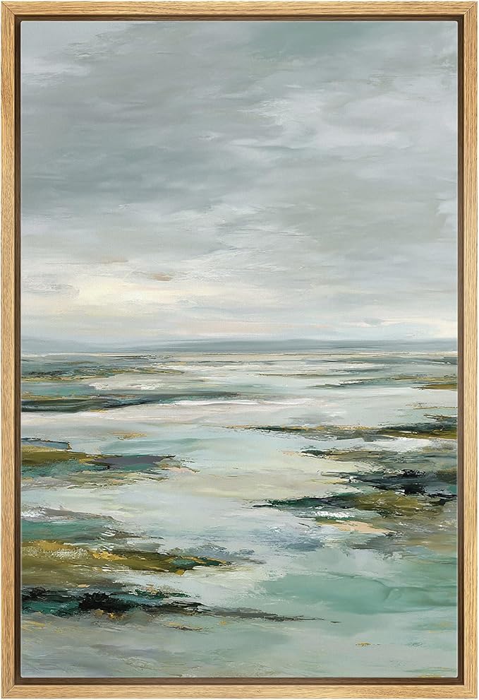 MUDECOR Framed Canvas Print Wall Art Serene Coastal Landscape Abstract Ocean Illustrations Minimalism Decorative Bohemian Colorful Zen for Living Room, Bedroom, Office - 16"x24" NATURAL