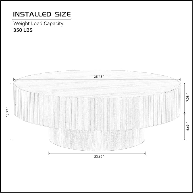35.43" Circle Coffee Table for Living Room, Modern Round Center Tea Tables Drum Accent Couch End Table for Apartment Office,Minimalist Design with Fluted Side, (ø35.43" x 13.77"H, Oak)