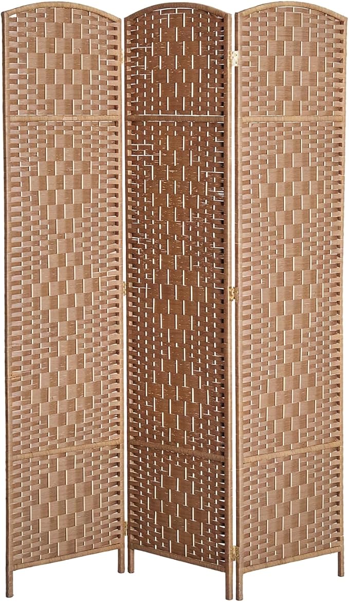 HOMCOM Room Divider 3 Panel, 6FT Tall Folding Privacy Screen, Freestanding Hand-Woven Partition for Room Separation with 360° Hinges, Paper Rope Diamond Weave, Natural