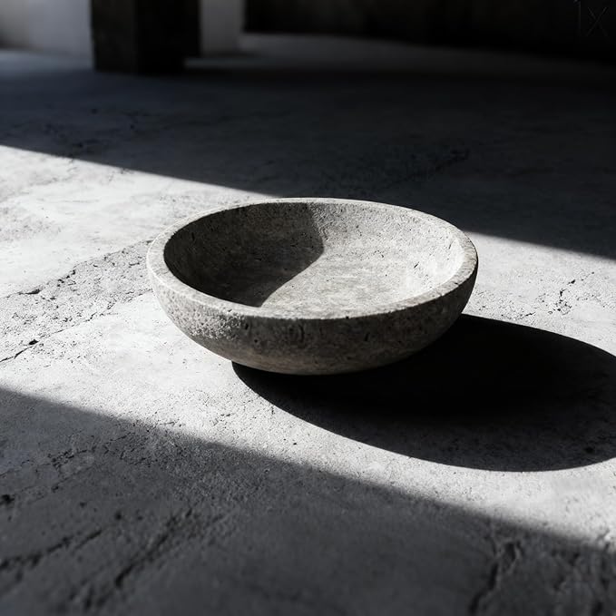 Silver Gray Travertine Bowl, 7.8" Modern Natural Stone Centerpiece for Industrial Home Decor, Handmade Fruit Bowl, Futuristic Tabletop Sculpture,Kitchen Counter, Entryway & Office Desk Organizer