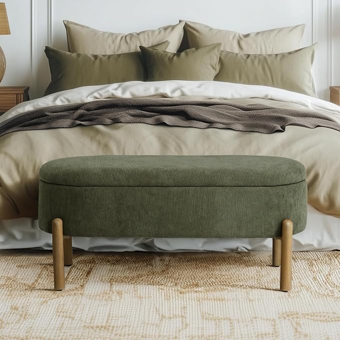 Storage Bench Ottoman, Upholstered Corduroy Storage Bench for Bedroom End of Bed, Modern Aesthetic Furniture, Large Oval Ottoman Bench for Foot of Bed, Living Room, Entryway, Under Window (Green)