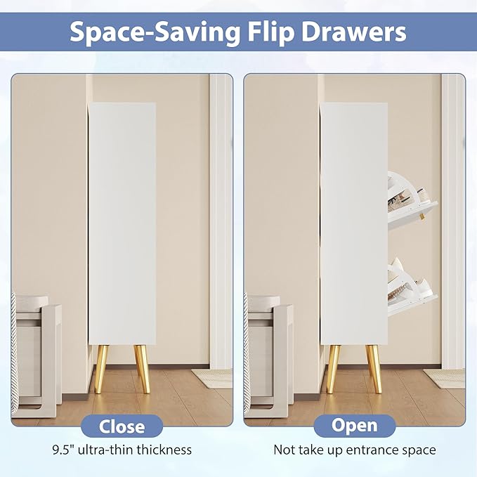Shoe Cabinet Storage for Entryway, White Shoe Organizer with 2 Flip Drawers & Open Shelf, Freestanding Hidden Large Shoe Storage Cabinet (1pc-White, 2 Flip Drawers with Shelf)