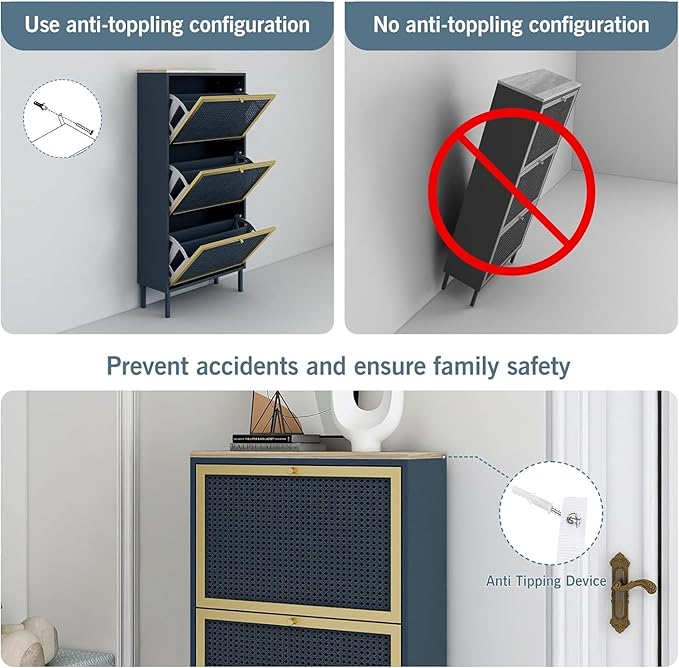 Shoe Storage Cabinet for Entryway - Shoe Cabinet Organizer with Metal Rattan 3 Flip Drawer,Wood Free Standing Rack, Hidden Slim Shoe Cabinet for Hallway, Living Room, Bathroom (Blue)