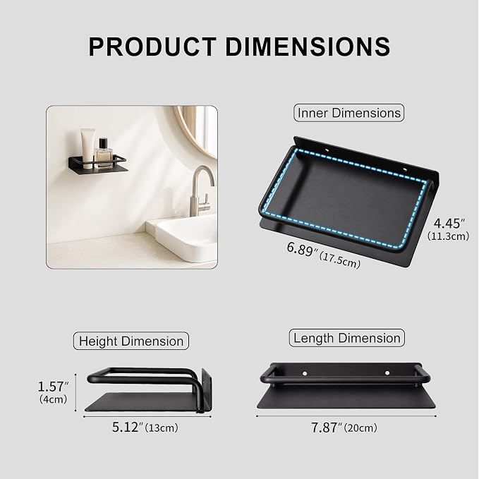 RFOUO 8 Inch Small Metal Wall Shelf with Guard Rail,Black,1 Pack | Small Bathroom Shelf, Wall Mounted, Aluminum Floating Shelf, For Toothbrush Perfume Spice,Bathroom Bedroom Kitchen
