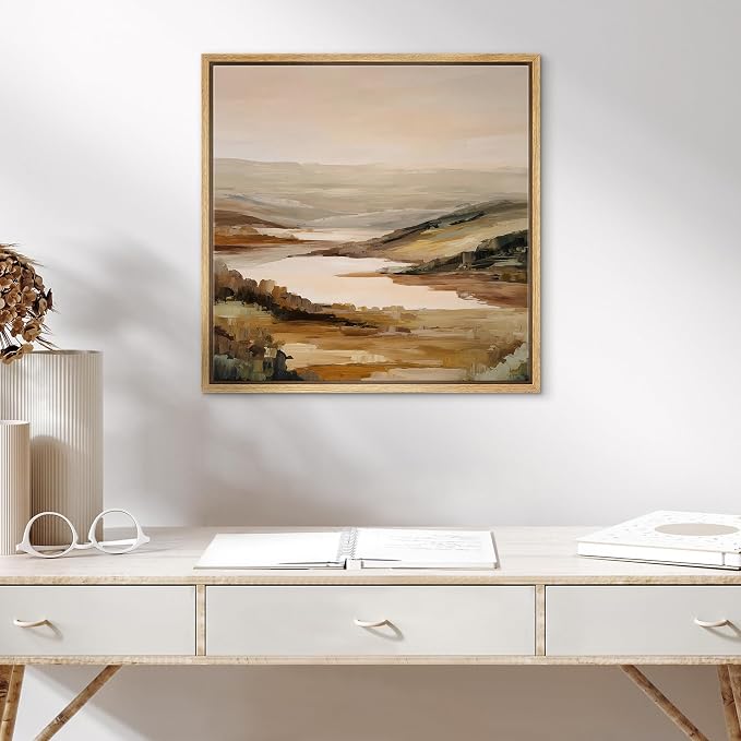 SIGNWIN Framed Canvas Print Wall Art Golden Valley Lake View Landscape Illustrations Fine Art Country Minimal for Living Room, Bedroom, Office - 16"x16" NATURAL