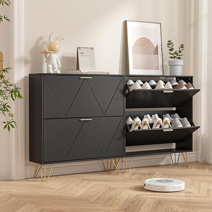LYNSOM Shoe Cabinet with 2 Flip Drawers, Black Shoe Storage Cabinet, Slim Wooden Freestanding Shoe Rack, Shoe Organizer with Fluted Panel for Entryway Hallway