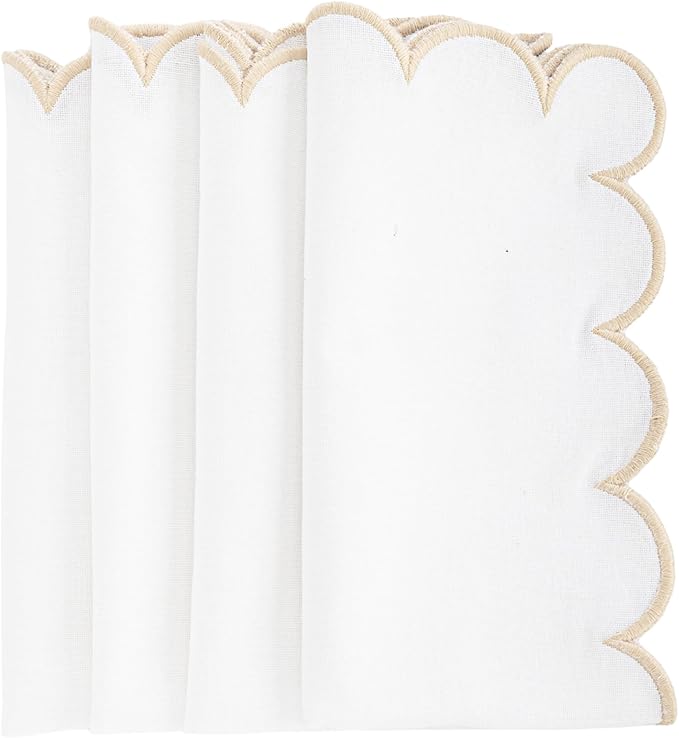 Beige and White Cotton Napkins, White Napkins, 100% Cotton Scalloped Embroidery Dinner Napkin Set of 4, Beige Trim Washable Napkin for Wedding, Dinner & Home Décor 18x18