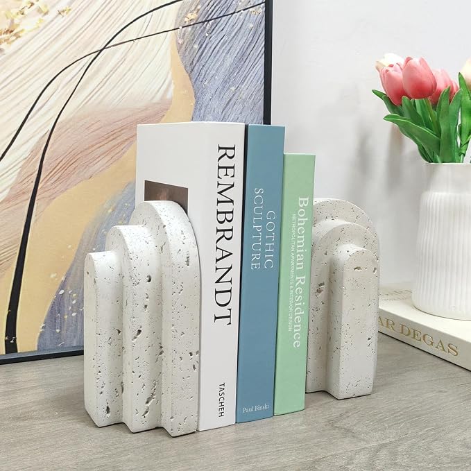 Decorative Book Ends for Shelves - Boho Aesthetic Bookends Decor - Heavy Duty Travertine Book Stopper Holder for Home Office Desk Coffee Table (Grey)