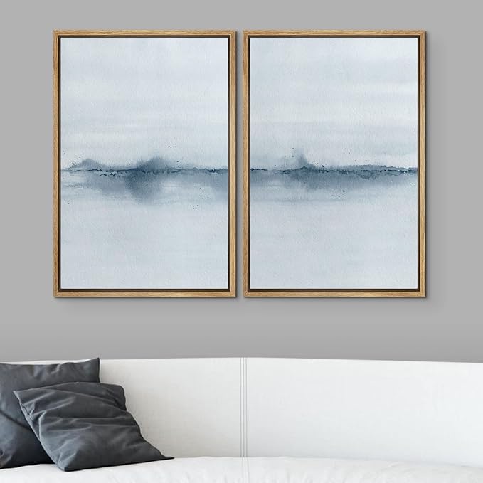 SIGNWIN Framed Canvas Print Wall Art Set Pastel Blue Minimal Landscape Abstract Shapes Illustration Modern Art Decorative Nordic Chic Relax/Zen for Living Room, Bedroom, Office - 24"x36"x2 Natural