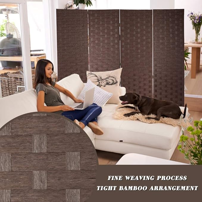 FDW Room Divider Wood Screen Mesh Woven Design Room Divider Folding Portable Partition Screen for Home Office (4 Panel, Brown)