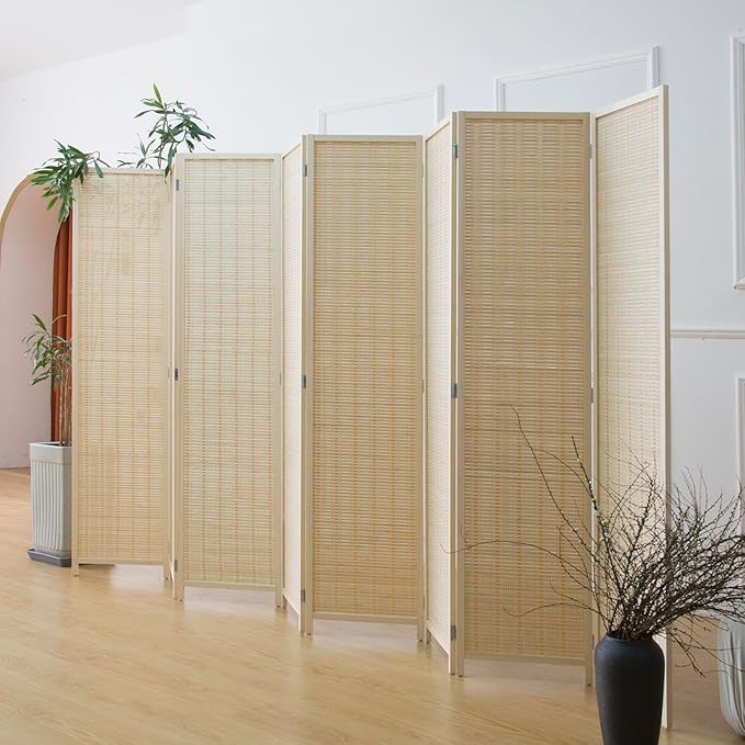Furnnylane 8 Panel Bamboo Room Divider - 5.6 ft Tall Folding Privacy Screen, Natural Beige Freestanding Partition Wall (67" x 122.8", 8-Panel)