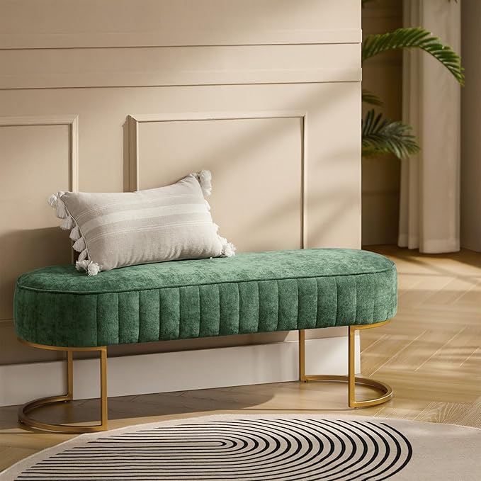 EcoHarbor Living 46" Velvet Bench, Upholstered Entryway Bench End of Bed with Gold Legs, Bed Ottoman Bench for Bedroom Living Room Footrest Stools, Green