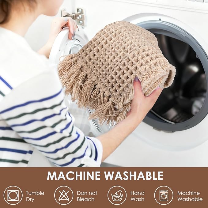 Waffle Bath Mat, Super Absorbent Waffle Bathroom Rug with Tassels, Non Slip Bath Mats for Bathroom Floor, Ultra Soft Boho Bath Mat, Quick Dry Shower Mat, Machine Washable, 17"×24", Khaki