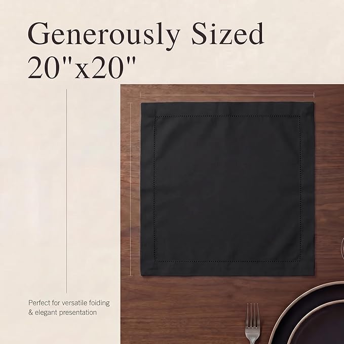 Urban Villa Cloth Napkins 100% Cotton Highly Absorbent Washable Reusable Premium Dinner Napkins Ideal for Gifts for Mothers Day Hotel Farmhouse Parties - Black - Hemstitch (20" x 20", Set of 12)