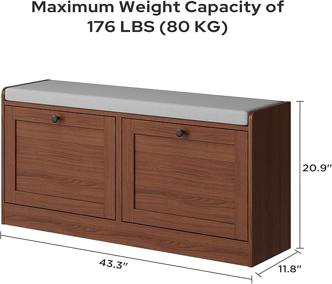 MHOM Brown Modern Entryway Bench with 2 Flip Drawers, Entryway Shoe Bench with Padded Seat Cushion, Wooden Storage Bench for Entryway and Hallway