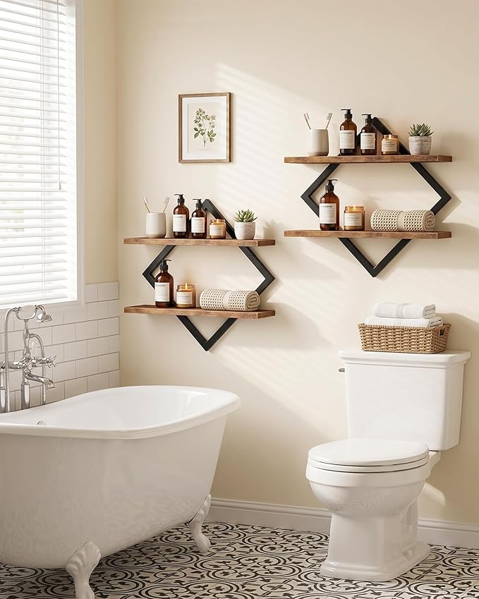 CHOEZON Floating Shelves, Set of 2 Wall Shelves, 2-Tier Hanging Shelves, Wall Shelf Set of 2, Wall Mounted Shelves, for Living Room, Bedroom, Kitchen, Office, Study, Rustic Brown TBJ01P2BF