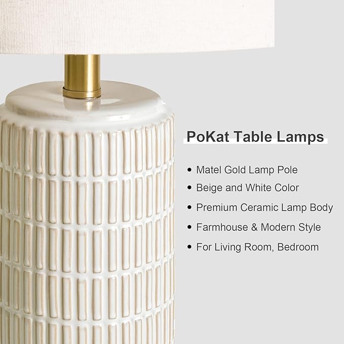 PoKat 25'' Modern Table Lamps Set of 2 for Living Room with Gold Base, White Farmhouse Bedside Lamps for Bedroom, Nightstand Lamps for Office End Table Hallway Home Decor Gift, Beige and White