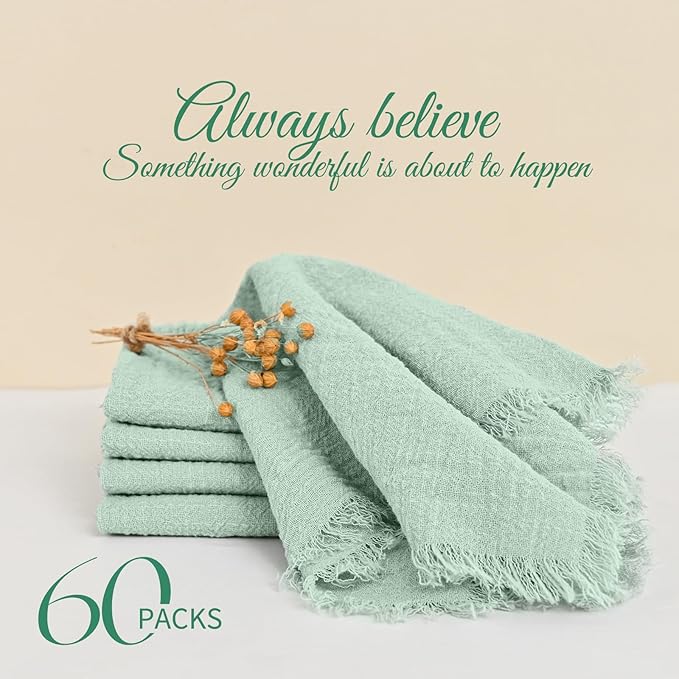 60 Packs Sage Green Napkins 16x16 Inch, Cotton Linen Handmade Cloth Napkins Bulk with Fringe - Soft Rustic Boho Napkins for Wedding, Party, Christmas Event Dinner Birthday Table Decor