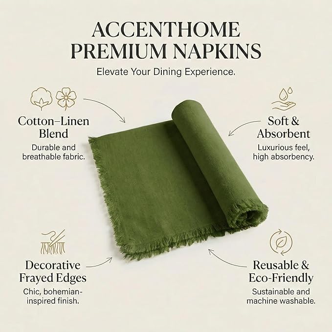 ACCENTHOME Olive Green Cotton Linen Napkin Set of 12 18x18 inch Dinner Napkins - Washable Soft Premium Hotel Quality Reusable Hemmed Edges Napkins Perfect Table Linens for Family Dinners, Weddings