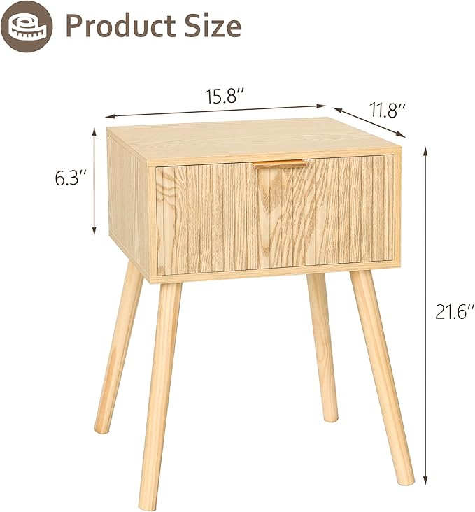 AWASEN Fluted Nightstand, Small End Tables Living Room, Wood Bedside Side Table with Storage Drawer for Bedroom and Small Space, Natural