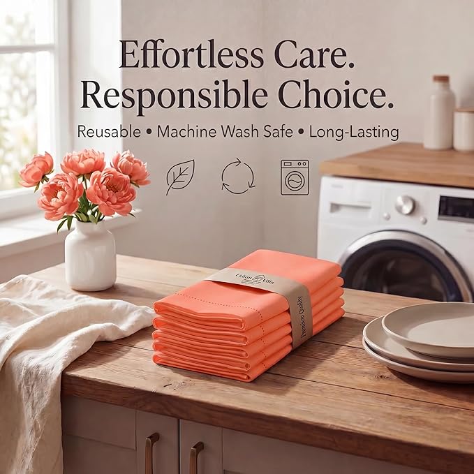 Urban Villa Cloth Napkins 100% Cotton Highly Absorbent Washable Reusable Premium Dinner Napkins Ideal for Gifts for Mothers Day Hotel Farmhouse Parties - Orange Hemstitch (20" x 20", Set of 12)