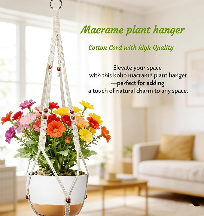 Macrame Plant Hanger Indoor Hanging Holder Window Plant Hanger Wall Outdoor Large Long Boho Home Decor Ceiling Basket Plants Hangers (2pack-Ivory)