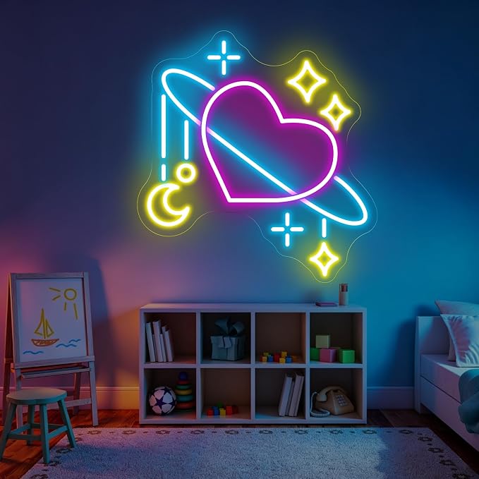 Heart Planet Neon Sign, Galaxy Star LED Neon Sign Wall Decor for Bedroom Room Aesthetic, Neon Signs for Wall Decor Valentine Heart Light Gift 13.2"×12.6"