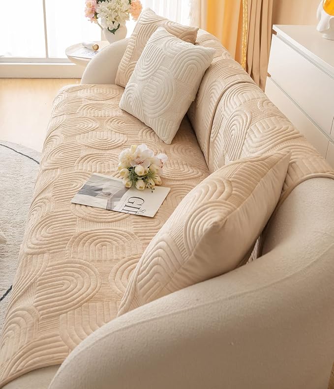 Soft Plush Geometric Quilted Couch Sofa Cover Boho Non Slip Fuzzy Sectional Couch Cover Solid Color Washable Sofa Slipcover Furniture Protector for Kids Dogs Cats (Coffee,28"x59")