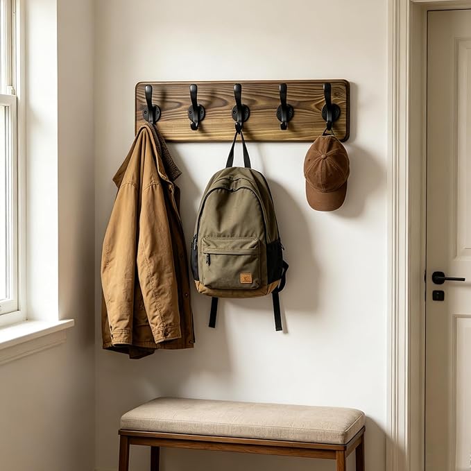 17" Coat Rack Wall Mount, Rustic Wall Mounted Coat Rack, Pine Solid Wood Coat Hook Hanger with 5 Metal Hooks- Wall Coat for Hanging Clothes Key Robes Towels Coats