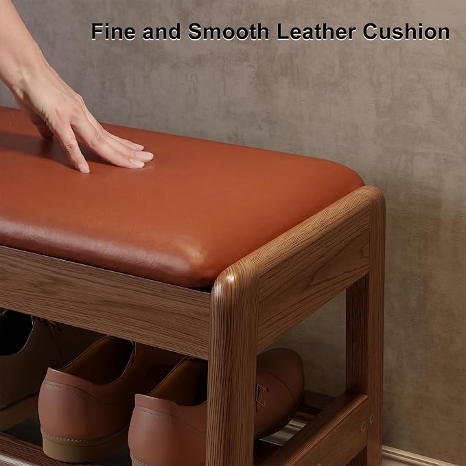 AQIMUELE Shoe Rack Bench,2 Tiers Shoe Bench with Storage with Flip-Top,Wood Shoe Rack for Entryway,Hallway（Orange Upholstered Seat,11.8" D x 23.62" W x 15.7" H）