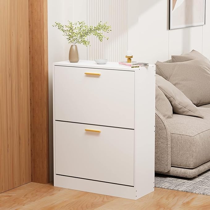 JOZZBY Shoe Cabinet Storage for Entryway, Slim White Hidden Shoe Organizer Cabinet with 2 Flip Drawers, Wooden Narrow Shoe Rack with 2 Tier Freestanding for Hallway, Living Room