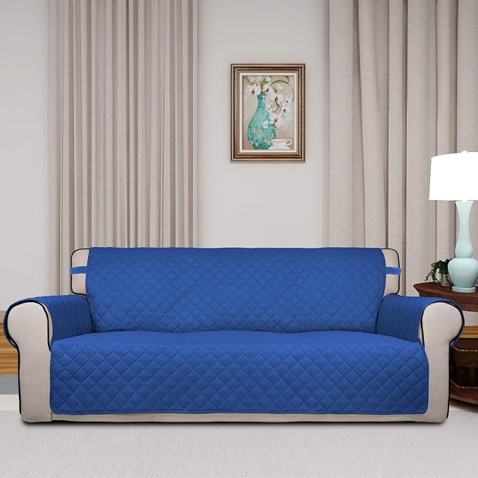 PureFit Reversible Quilted Sofa Cover, Water Resistant Slipcover Furniture Protector, Washable Couch Cover with Non Slip and Elastic Straps for Kids, Pets (Sofa, Classic Blue/Ivory)