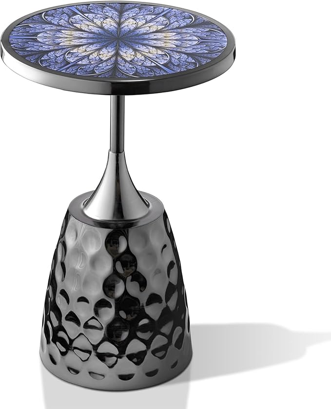 Homes: Inside + Out Halric Modern 24" Tall Round End Table with Printed Tabletop and Iron Metal Base, Accent Furniture, Pedestal Stand for Living Room, Home Office, Black with Geometric Floral