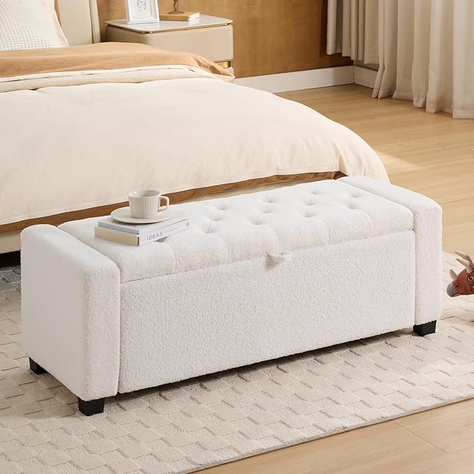 43 Inch Storage Ottoman Bench, Bench for Bedroom End of Bed, Ottoman with Storage for Living Room and Entryway (Teddy White)