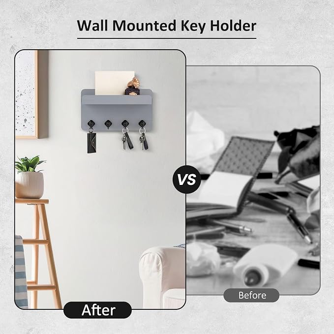 Nekon Key Holder Wall Mount, 8.5 Inch Small Home Decor Wooden Wall Organizer with 4 Hooks and Shelf, Key and Mail Holder for Living Room Entryway Kitchen (Gray)