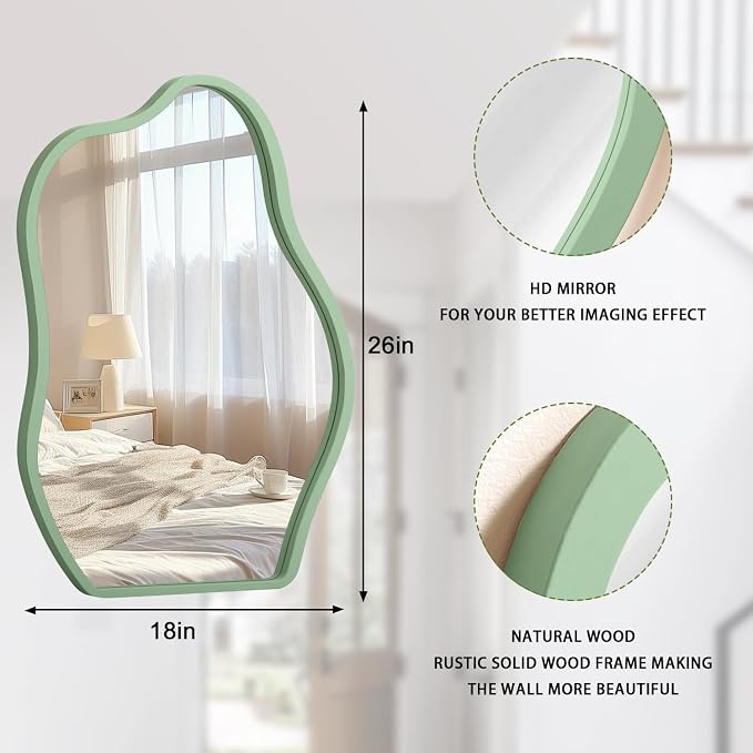 Asymmetrical Large Mirror Irregular Modern Mirror for Wall Decor Wooden Framed Hanging Wall Mirror Unique Shape Vanity Cloud Mirrors Decorative for Bedroom Bathroom Living Room Entryway