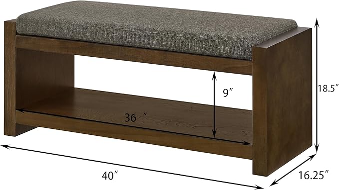 Accent Bench with Lower Shelf Shoe Rack, Padded Seating Bench for Living Room, Modern Compact Bed End Bench with Storage for Bedroom Seating, Removable Cushion (Granite, 40" L)