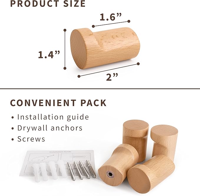 NAUMOO Natural Wooden Wall Hooks - Pack of 4 - Wall Mounted Hook - Modern Wood Coat Rack - Decorative Wooden Pegs for Hanging Hat, Towel, or Purse (Beech Wood)